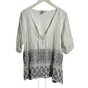 Language Top Women M White Black Embroidery 100% Silk USA Boho Coastal Cottage